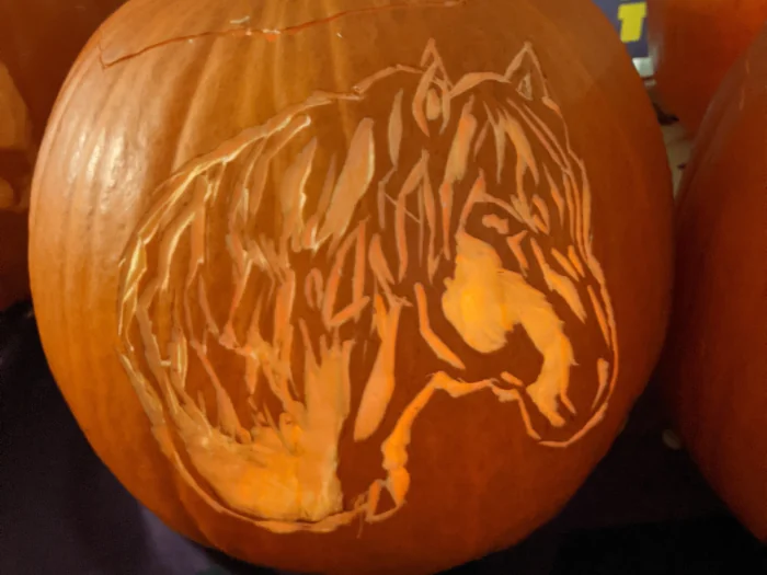 Student aged 10 holding a pumpkin carved using the scrape and sculpt technique
