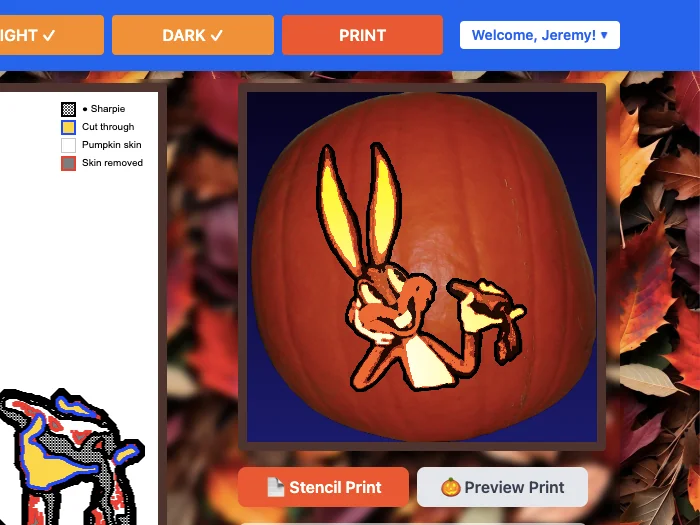 Stencil Studio app preview showing a 3D cartoon character pumpkin carving