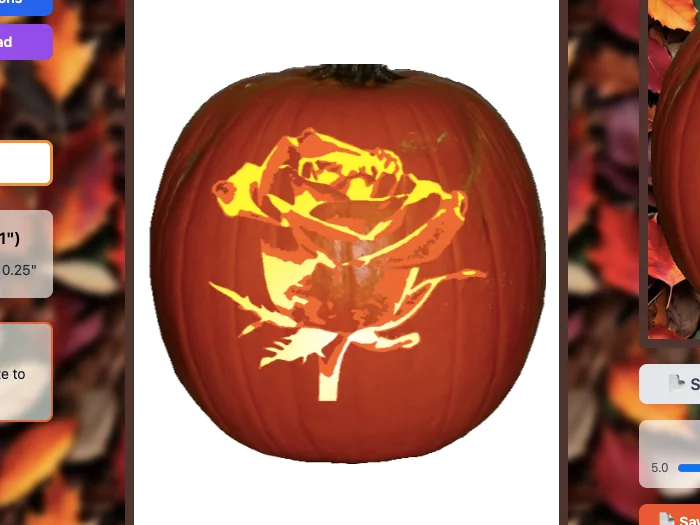 Stencil Studio app preview showing a botanical pumpkin carving